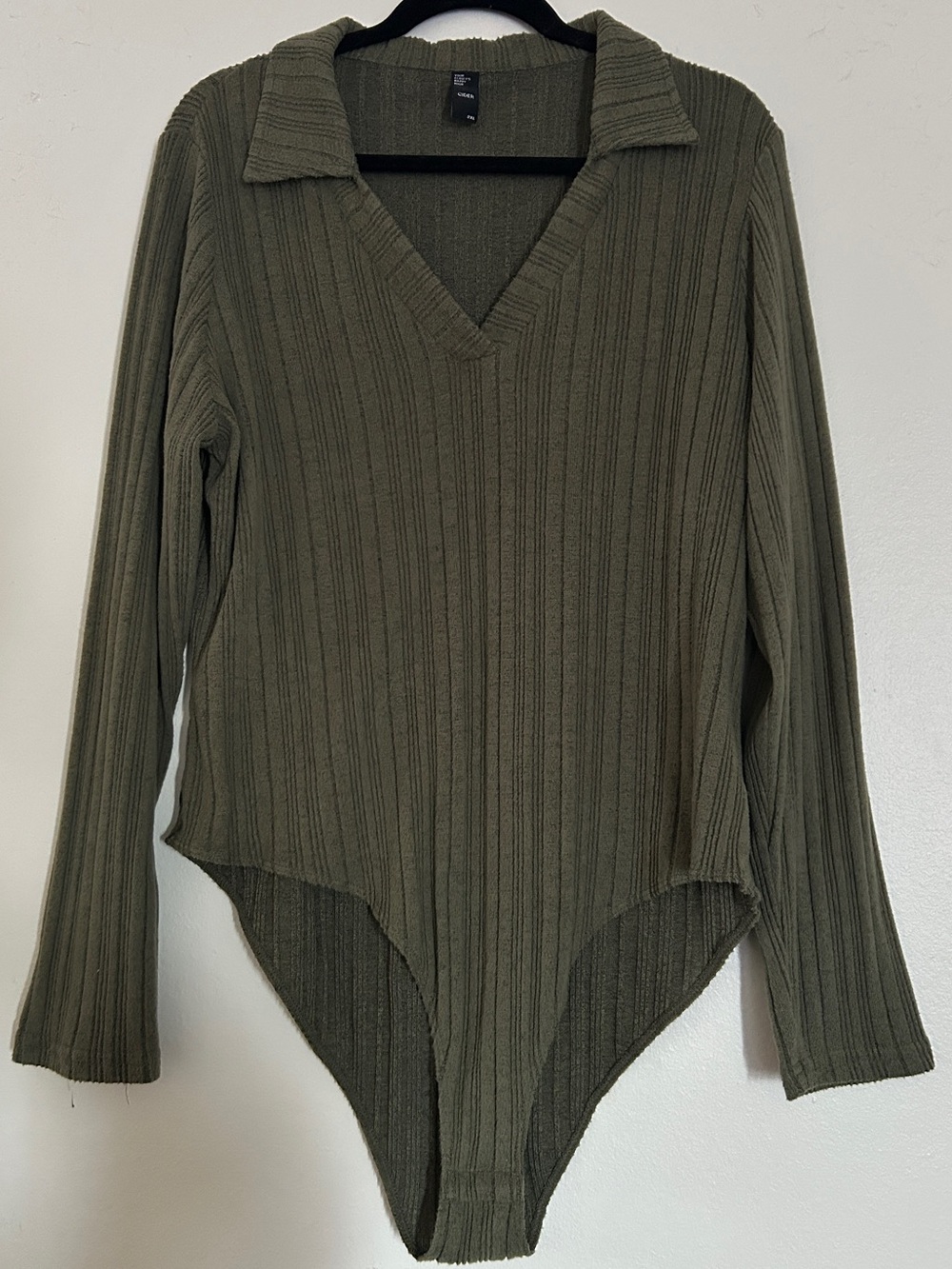 Cider Olive Ribbed V-Neck Collared Long-Sleeve Bodysuit